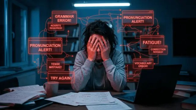 An exhausted adult ESL student rubbing their eyes, surrounded by heavy, floating red digital UI error boxes indicating timeline confusion