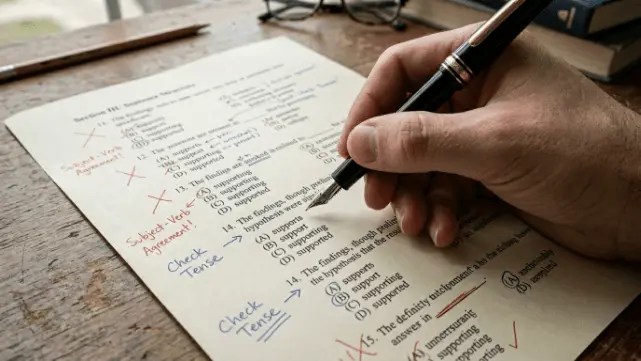 Close-up of a pen hovering uncertainly over a multiple-choice grammar worksheet, showing passive language recognition