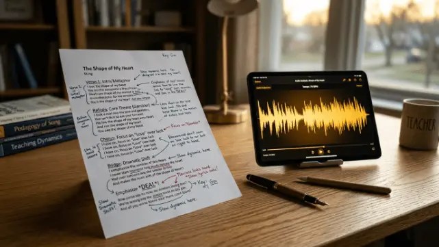 modern teacher's desk with an annotated song lyric sheet and a glowing audio waveform on a tablet.