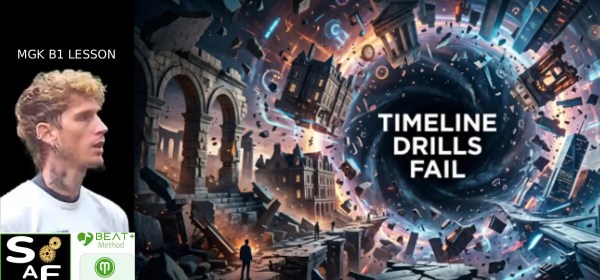A surreal architectural space fracturing into different chronological realities, with bold text reading "TIMELINE DRILLS FAIL" floating in the center with mgk and logos