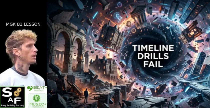 A surreal architectural space fracturing into different chronological realities, with bold text reading "TIMELINE DRILLS FAIL" floating in the center with mgk and logos