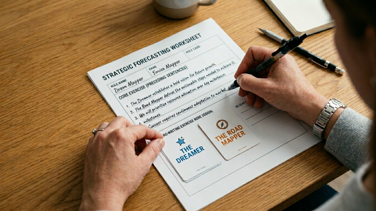 A top down view of hands moving strategic role cards and writing four precise sentences on a forecasting worksheet