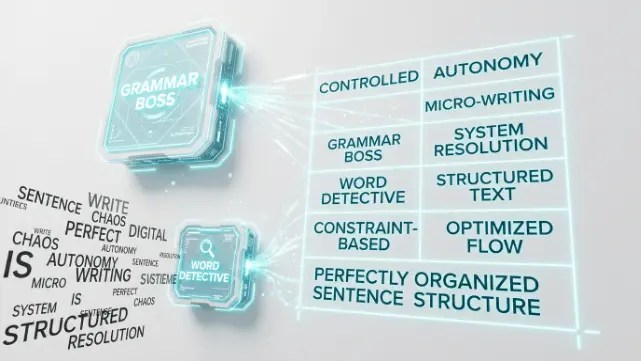 Glowing digital interface nodes organizing chaotic floating words into a precise mathematical grid, representing controlled autonomy in language learning.