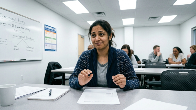 An adult ESL learner sitting at a desk with a polite but confused smile showing hesitation over a blank worksheet