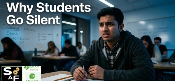 Frustrated young ESL student staring at a blank notebook, illustrating the struggle to speak despite knowing grammar