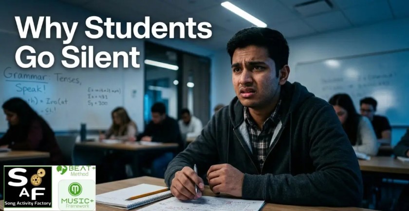 Frustrated young ESL student staring at a blank notebook, illustrating the struggle to speak despite knowing grammar