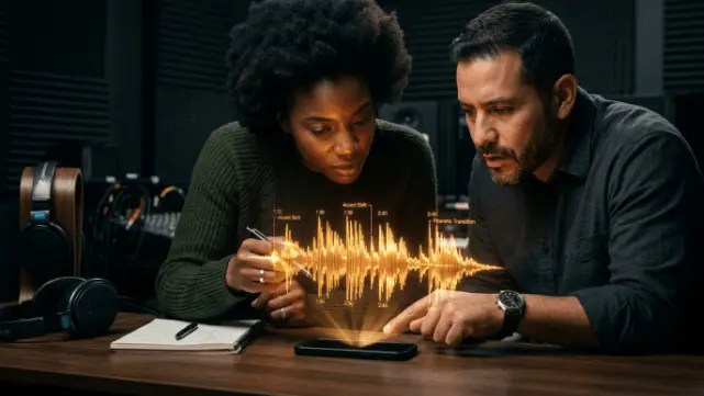 Two adult learners intensely analyzing a glowing amber audio waveform projecting physically from a smartphone on a desk