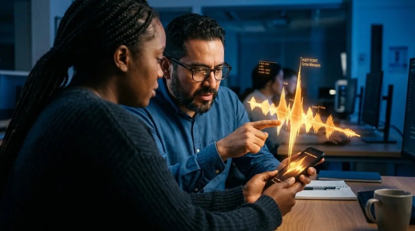 Two learners intensely analyzing a glowing amber audio waveform hologram emitting from a smartphone, representing the shift from illusion to reality.