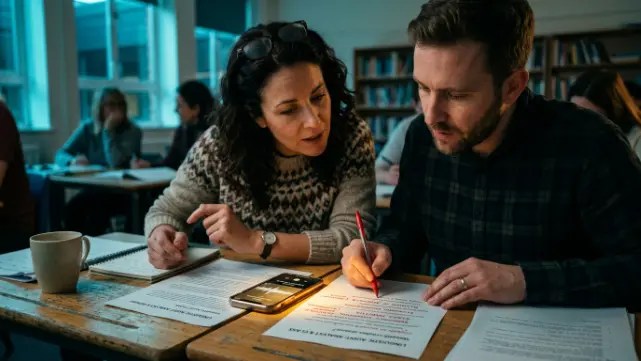 Two focused adult learners leaning over a desk to aggressively correct flawed analyst notes with a red pen while listening to audio on a smartphone.