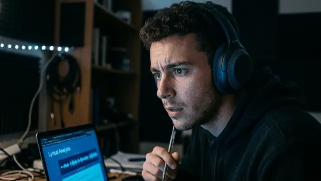 Close-up of a student wearing premium headphones, experiencing a moment of clarity while analyzing a song track.
