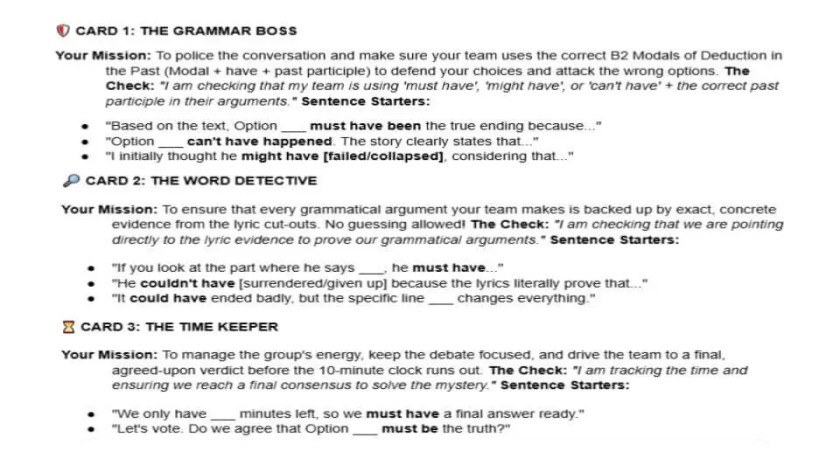  Peer role cards for Grammar Boss and Word Detective in B2 past modals song-based lesson.