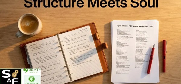 Teacher's desk with lyric sheets and the text Structure Meets Soul for Dean Lewis B2 song-based lessons and beat+ method, saf and music+ framework logos
