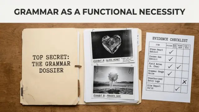  A clean, organized "Detective's Dossier" folder containing evidence photos and "Grammar Boss" checklists, emphasizing the functional use of past modals.