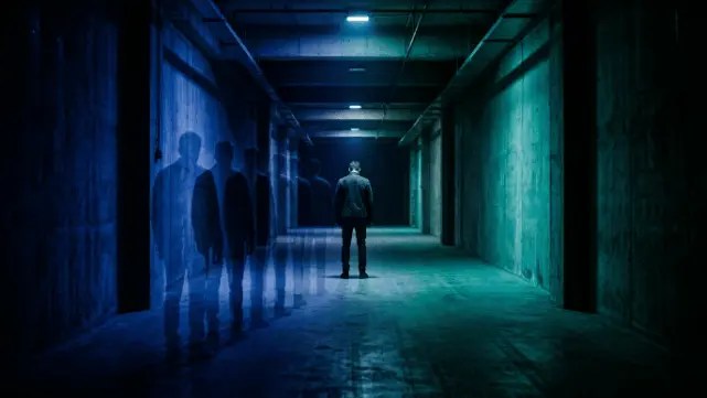 A surreal visual representation of the "Echoing Silhouettes" metaphor, showing a lonely figure with multiple transparent shadows trailing behind in a dark hallway.