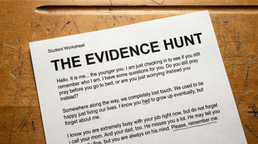 Printed Student Worksheet showing The Evidence Hunt activity, complete with crayon handwriting and real classroom textures