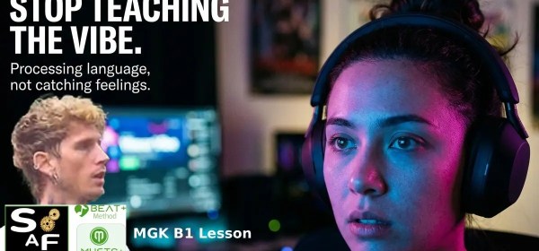 A student mesmerized by glowing neon light, struggling to find words beyond the musical mood, mgk and logos