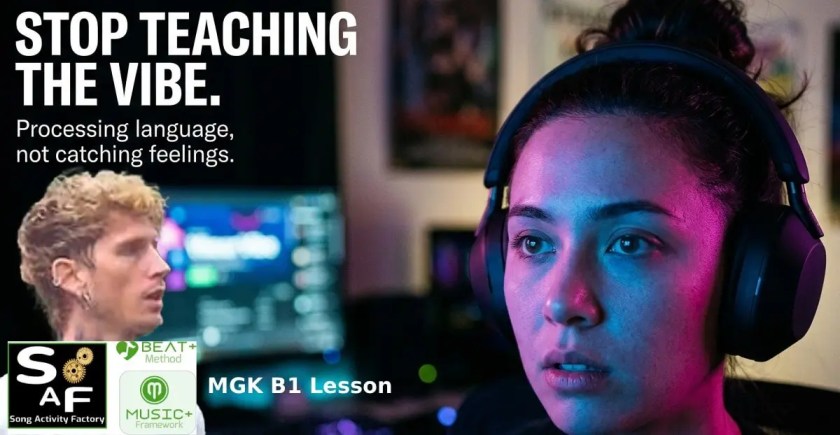 A student mesmerized by glowing neon light, struggling to find words beyond the musical mood, mgk and logos