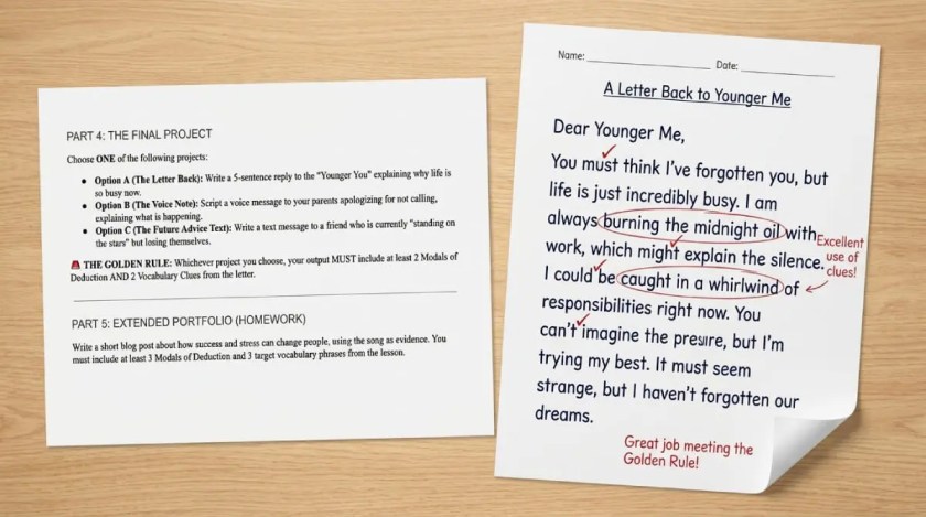 Printed Final Project Rubric and a student writing task worksheet, showing authentic classroom annotations and grading