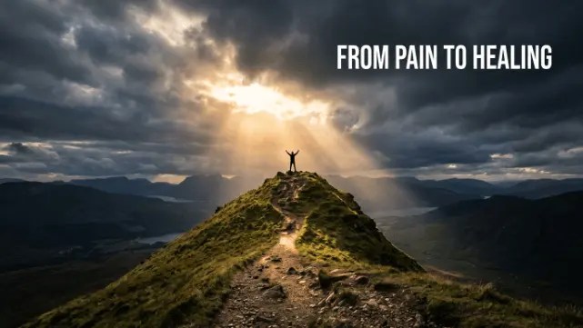 A wide cinematic shot of a person reaching the summit of a steep hill as a bright, golden sun breaks through heavy gray clouds.