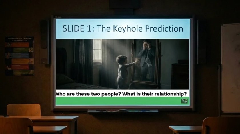 Smartboard displaying SLIDE 1: The Keyhole Prediction to introduce the narrative puzzle for an ESL song-based lesson.