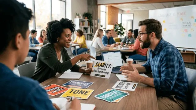 Two adult students intensely facing off across a table, slamming down vocabulary battle cards.