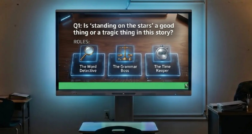 Smartboard displaying The Meaning Negotiators slide and student roles to structure group work during song-based lessons