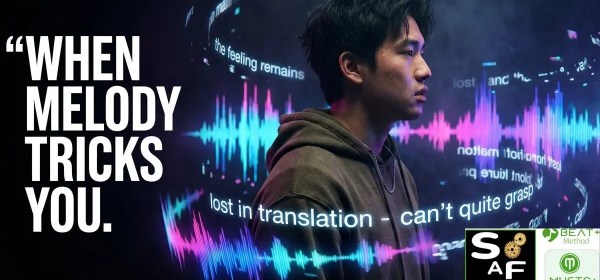 Adult ESL learner surrounded by distorted neon sound waves while struggling to understand a song’s meaning