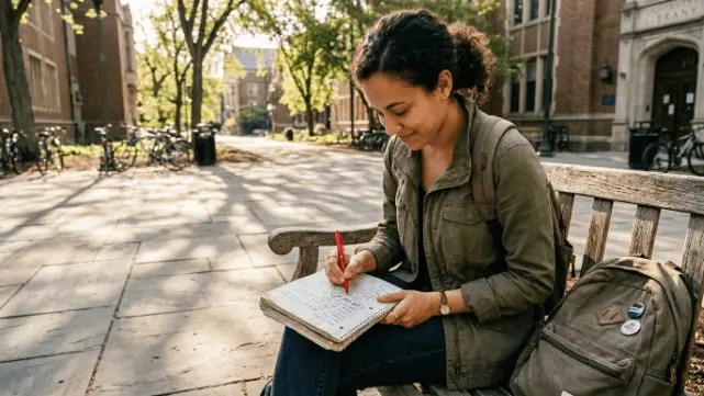 High angle view of a student sitting outdoors, confidently circling a phrasal verb in their notebook