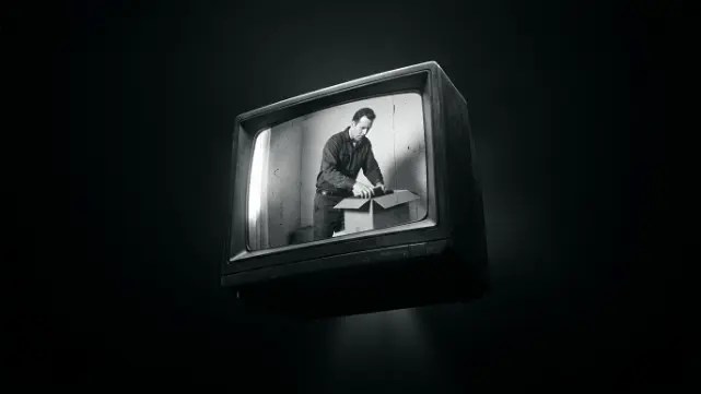A glowing vintage television in a dark room displaying a black-and-white silent film of a man packing a box