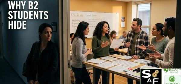 Adult ESL student hesitating outside an active B2 classroom debate while other learners discuss song lyrics using role-based speaking tasks and academic discussion frames.