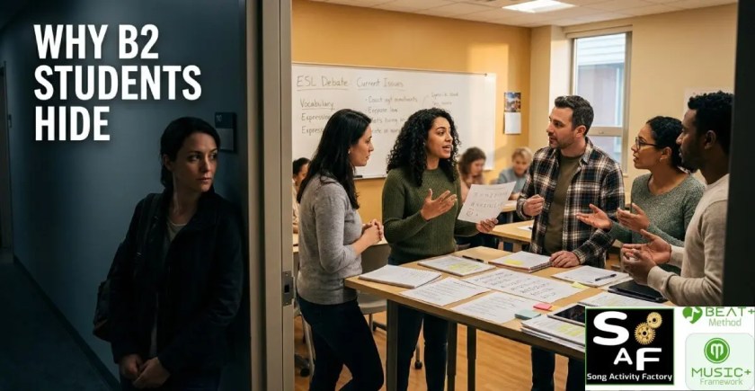 Adult ESL student hesitating outside an active B2 classroom debate while other learners discuss song lyrics using role-based speaking tasks and academic discussion frames.