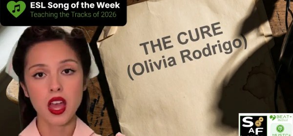Olivia rodrigo and Cinematic view of an ESL mystery dossier and studio headphones on a wooden desk.