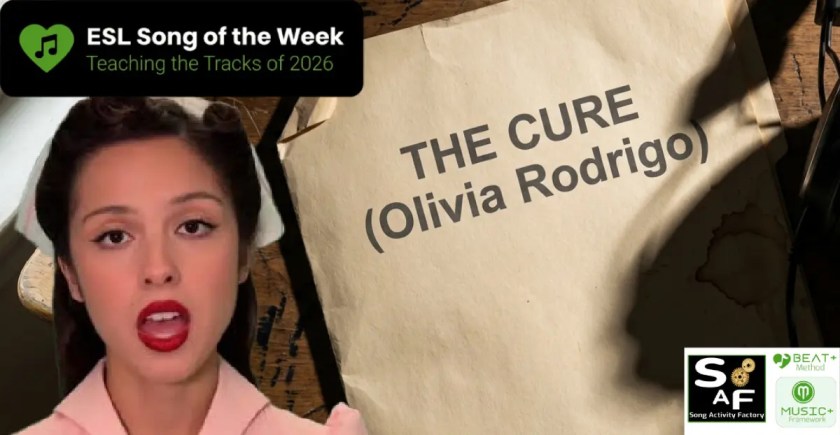 Olivia rodrigo and Cinematic view of an ESL mystery dossier and studio headphones on a wooden desk.