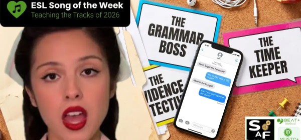 ESL Song of the Week The Cure Part 2 From Practice to Open Debate. Vibrant lesson materials and a smartphone on a desk with olivia rodrigo