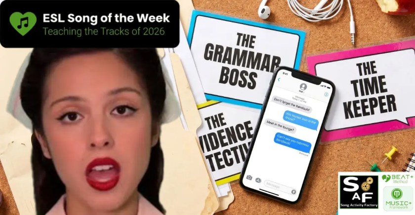 ESL Song of the Week The Cure Part 2 From Practice to Open Debate. Vibrant lesson materials and a smartphone on a desk with olivia rodrigo