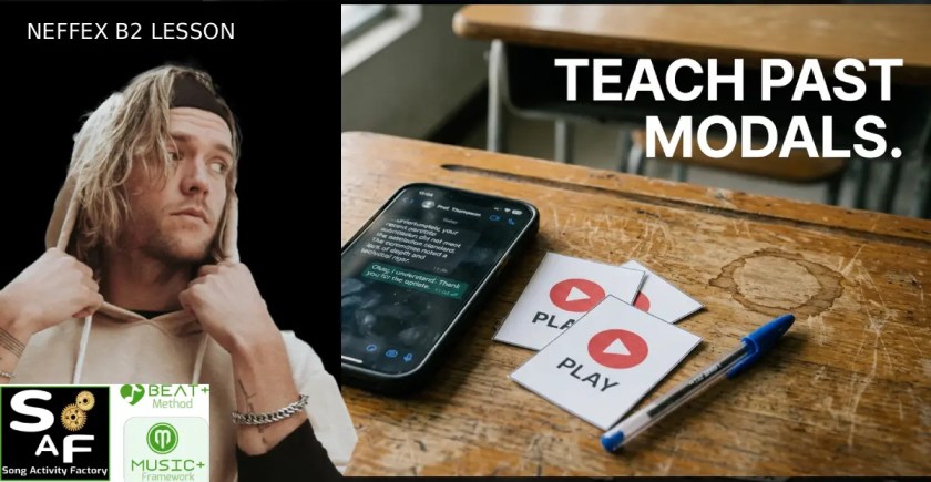 Smartphone with a text thread and printed play buttons on a wooden desk, replacing sterile ESL textbook prompts and NEFFEX vocalist