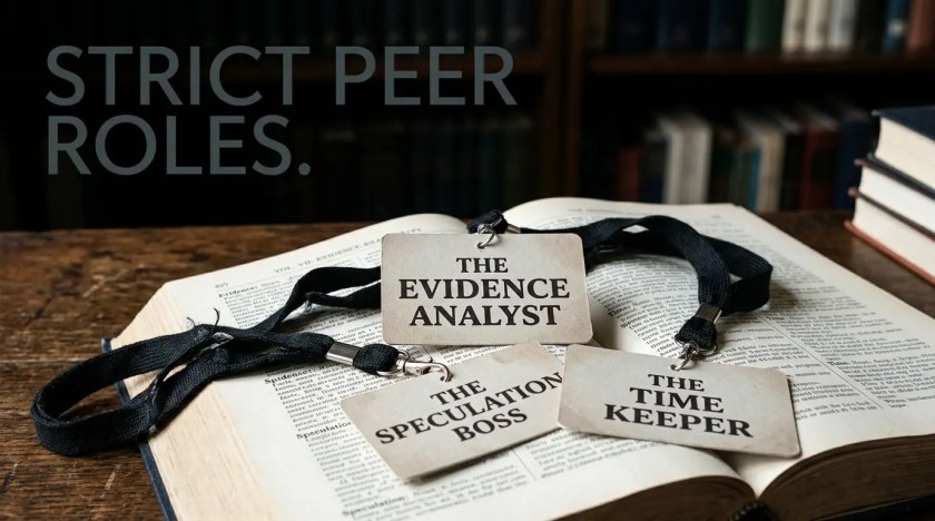 Printed peer role badges for the Speculation Boss and Evidence Analyst on lanyards, structuring B2 ESL speaking debate