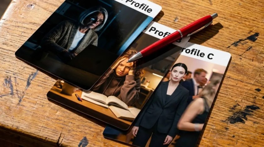 Dynamic overhead shot of three character profile cards for an ESL speaking activity.