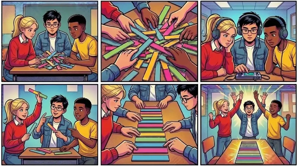 [SEQUENTIAL COMIC PANELS] A visual sequence showing a student listening to music and ordering mixed lyric strips.