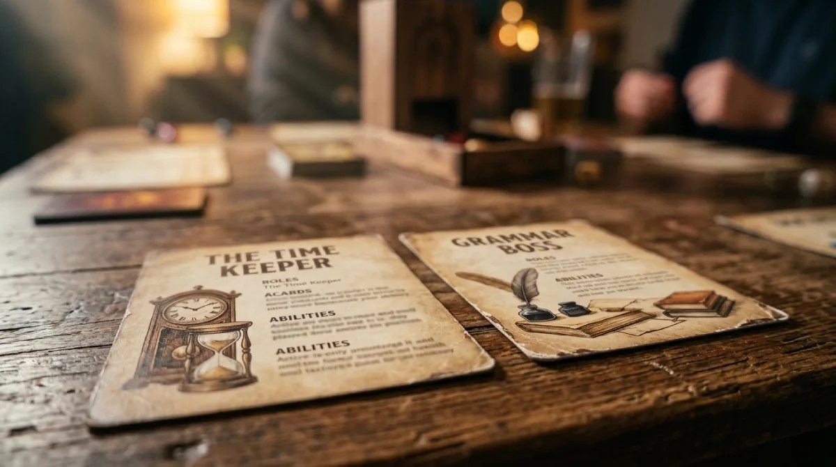 [THEMATIC PROP / ARTIFACT] Role cards for The Time Keeper and Grammar Boss laid out on a table.