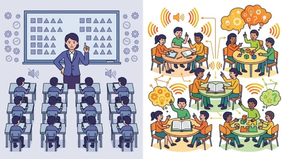 [FUNCTIONAL INFOGRAPHIC / SPLIT-SCREEN] Teacher-led silent worksheet drilling contrasted with noisy collaborative interaction