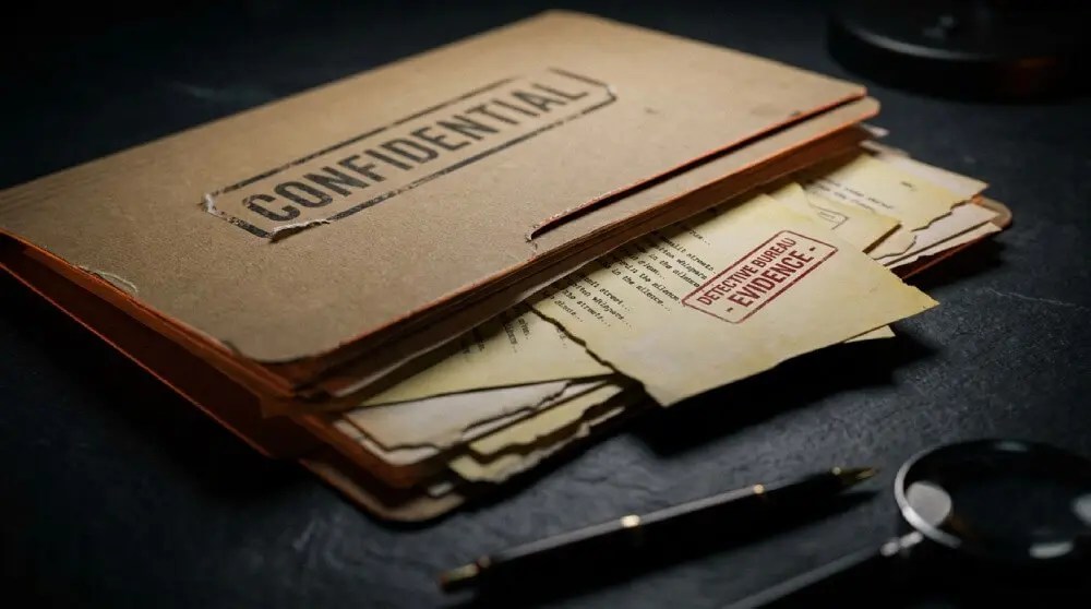 [THEMATIC PROP / ARTIFACT] A retro cold case file labeled Confidential containing lyric snippets and detective stamps
