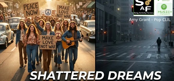 [CINEMATIC PHOTOGRAPH] Split visual of sunlit 1960s counterculture protests contrasting with an empty 2021 urban intersection