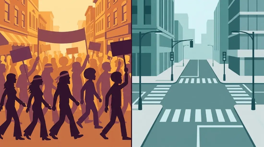 [FUNCTIONAL INFOGRAPHIC / SPLIT-SCREEN] Split visual contrasting sunlit 1960s protests with an empty 2021 intersection