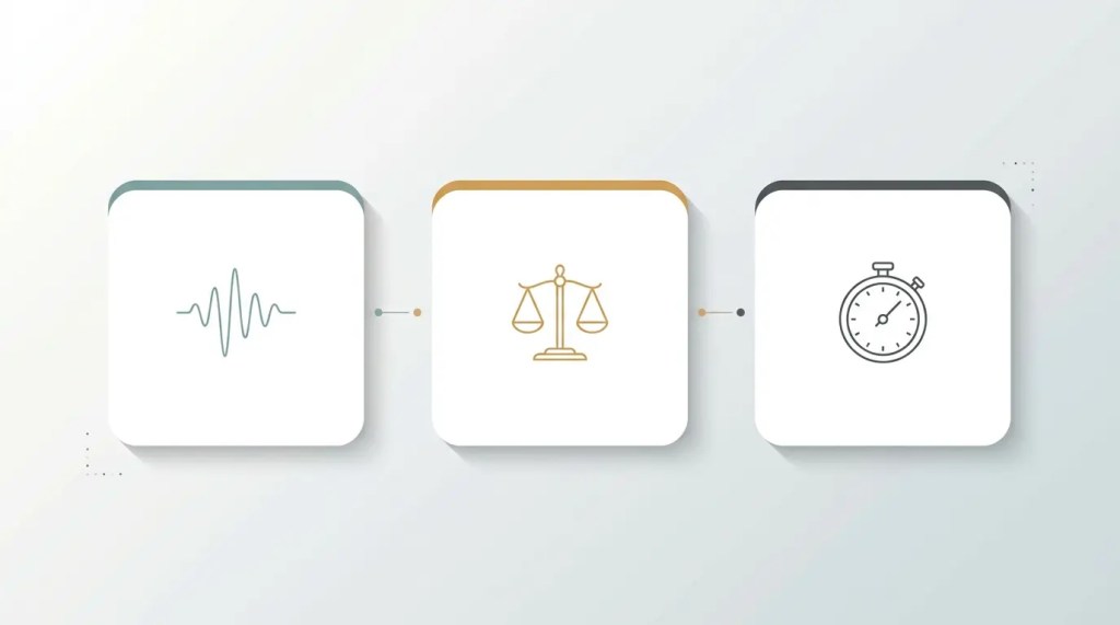Three icons representing different concepts: a heartbeat line, a balance scale, and a stopwatch, arranged in a row.