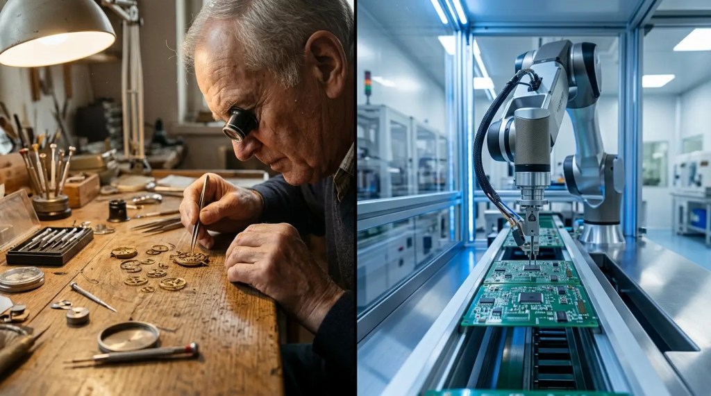 An elderly man working on intricate watch parts at a wooden table, surrounded by tools, with a magnifying glass in use.